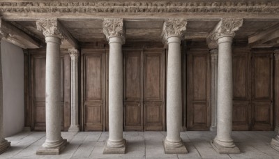 indoors,no humans,scenery,stairs,door,architecture,pillar,arch,column,traditional media,wooden floor,tiles,tile floor,floor,ceiling,hallway,gate,stone floor