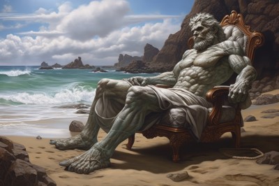 solo,1boy,sitting,full body,male focus,outdoors,sky,barefoot,day,cloud,water,muscular,colored skin,facial hair,ocean,chair,beach,abs,muscular male,beard,topless male,rock,sand,manly,grey skin,statue,closed mouth,white hair,blue sky,cloudy sky,pectorals,old,waves,throne,fine art parody