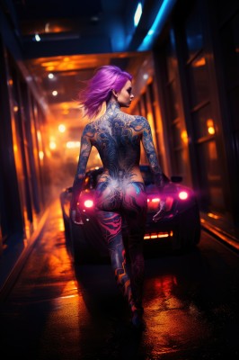 1girl,solo,long hair,looking at viewer,jewelry,standing,full body,purple hair,ass,nude,earrings,looking back,from behind,blurry,tattoo,makeup,night,back,ground vehicle,motor vehicle,walking,science fiction,car,road,motorcycle,cyborg,street,leg tattoo,cyberpunk,back tattoo,full-body tattoo,breasts,short hair,closed eyes,pink hair,lips,bodysuit,blurry background,lipstick,nose,neon lights