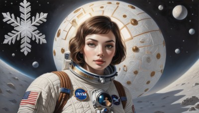 1girl,solo,looking at viewer,short hair,brown hair,brown eyes,upper body,signature,lips,moon,star (sky),freckles,realistic,nose,space,snowflakes,planet,earth (planet),american flag,spacecraft,spacesuit,space helmet,astronaut,makeup,portrait,red lips,flag print,japanese flag,american flag print