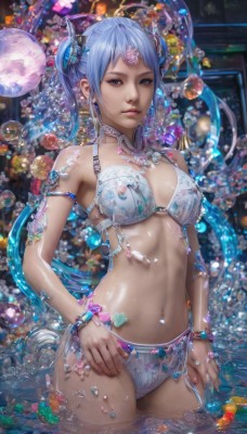 1girl,solo,long hair,breasts,looking at viewer,bangs,blue eyes,hair ornament,navel,cleavage,twintails,jewelry,medium breasts,very long hair,underwear,blue hair,standing,swimsuit,heart,bikini,cowboy shot,earrings,parted lips,choker,shiny,water,necklace,stomach,nail polish,bra,bracelet,lips,wet,shiny skin,white bikini,piercing,ring,gem,armlet,wading,partially submerged,bubble,realistic,nose,navel piercing,panties,artist name,see-through,watermark,pearl (gemstone)