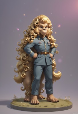 solo,long hair,looking at viewer,smile,blue eyes,blonde hair,1boy,very long hair,standing,full body,flower,male focus,barefoot,belt,pants,artist name,signature,grey background,uniform,military,military uniform,grass,furry,curly hair,hands on hips,absurdly long hair,furry male,big hair,faux figurine,1girl,simple background,animal ears,jacket,no humans,watermark,blue shirt,claws,blue pants