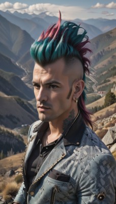 solo,looking at viewer,shirt,gloves,1boy,brown eyes,jewelry,closed mouth,blue hair,jacket,upper body,male focus,red hair,multicolored hair,earrings,outdoors,sky,day,collared shirt,cloud,necklace,black eyes,two-tone hair,lips,black shirt,tattoo,facial hair,piercing,denim,beard,zipper,mountain,realistic,stubble,mohawk,denim jacket,scar,rock