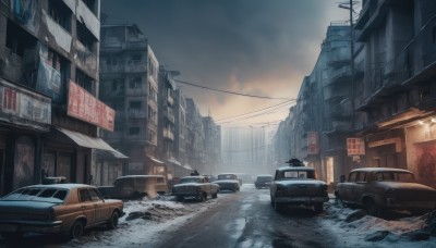 outdoors,sky,cloud,no humans,cloudy sky,ground vehicle,building,scenery,motor vehicle,snow,city,sign,car,road,ruins,vehicle focus,power lines,lamppost,street,utility pole,truck,real world location