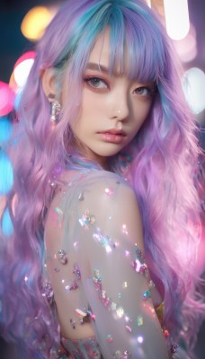 1girl,solo,long hair,looking at viewer,bangs,dress,brown eyes,jewelry,closed mouth,blue hair,upper body,pink hair,purple hair,multicolored hair,earrings,looking back,blunt bangs,blurry,from side,two-tone hair,lips,see-through,grey eyes,eyelashes,makeup,depth of field,blurry background,wavy hair,gem,crystal,realistic,nose,bokeh,bare shoulders,artist name,looking to the side,gradient hair,watermark,web address