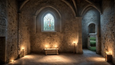 HQ,indoors,no humans,window,sunlight,fire,scenery,stairs,door,light,candle,wall,brick wall,pillar,statue,stained glass,torch,church,arch,candlestand,fireplace,grass,plant,architecture,column,stone floor