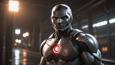 solo,looking at viewer,1boy,upper body,male focus,armor,blurry,blurry background,helmet,science fiction,realistic,cyborg,power armor,lights,cyberpunk,mask,glowing,light,superhero,neon trim,power suit