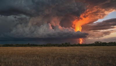 outdoors,sky,day,cloud,tree,no humans,cloudy sky,grass,fire,nature,scenery,forest,smoke,field,landscape,burning,signature,sunset,horizon