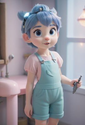 1girl,solo,looking at viewer,smile,short hair,open mouth,blue eyes,shirt,holding,blue hair,standing,short sleeves,cowboy shot,hairband,parted lips,shorts,teeth,puffy sleeves,indoors,blurry,lips,depth of field,blurry background,goggles,child,pink shirt,goggles on head,female child,overalls,sink,faucet,blue overalls,overall shorts,see-through,lamp