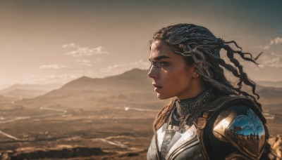 1girl,solo,long hair,black hair,hair ornament,brown eyes,jewelry,upper body,braid,earrings,outdoors,parted lips,sky,cloud,dark skin,armor,from side,dark-skinned female,lips,profile,cloudy sky,shoulder armor,pauldrons,mountain,nose,looking afar,very dark skin,mountainous horizon,dreadlocks,water,ocean,thick eyebrows,scenery,freckles,sunset,realistic