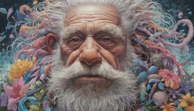 solo,looking at viewer,blue eyes,1boy,closed mouth,flower,white hair,male focus,petals,facial hair,plant,portrait,beard,realistic,mustache,old,old man,wrinkled skin,scar,fish,vines,coral