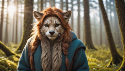 solo,long hair,looking at viewer,brown hair,1boy,brown eyes,upper body,braid,outdoors,day,blurry,twin braids,tree,no humans,depth of field,blurry background,animal,sunlight,nature,hair over shoulder,forest,animal focus,brown fur,animal ears,closed mouth,portrait