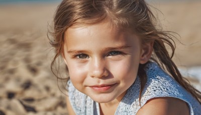 1girl,solo,long hair,looking at viewer,smile,brown hair,brown eyes,closed mouth,upper body,sleeveless,blurry,black eyes,lips,blurry background,portrait,forehead,freckles,realistic,nose,close-up