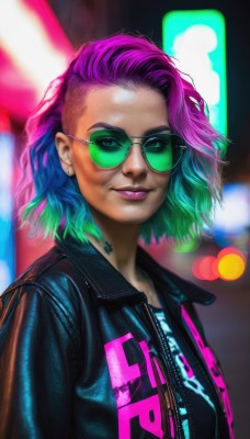 1girl,solo,looking at viewer,smile,short hair,shirt,jewelry,closed mouth,green eyes,blue hair,jacket,upper body,pink hair,purple hair,multicolored hair,earrings,green hair,open clothes,glasses,artist name,medium hair,blurry,two-tone hair,open jacket,lips,black jacket,aqua hair,gradient hair,makeup,blurry background,watermark,sunglasses,lipstick,clothes writing,zipper,realistic,nose,round eyewear,leather,tinted eyewear,leather jacket,cyberpunk,aviator sunglasses,purple-tinted eyewear,shiny,necklace,tattoo,depth of field,web address,eyeshadow,unzipped,stud earrings,bokeh,neon lights