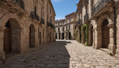 outdoors,sky,day,cloud,blue sky,no humans,window,shadow,plant,building,scenery,stairs,city,door,road,wall,ruins,vines,pillar,street,arch,column,stone floor,sunlight,architecture,path,pavement,stone wall,vanishing point