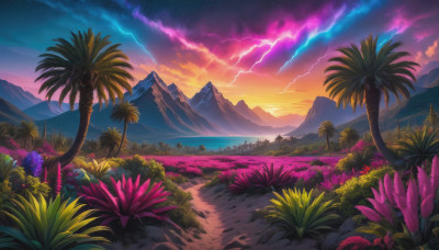 flower, outdoors, sky, cloud, tree, no humans, night, ocean, cloudy sky, star (sky), nature, scenery, starry sky, sunset, mountain, palm tree, horizon, lightning, landscape, mountainous horizon