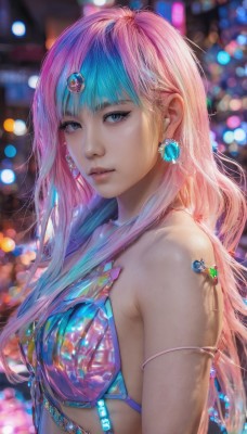 1girl,solo,long hair,breasts,looking at viewer,bangs,blue eyes,bare shoulders,jewelry,medium breasts,blue hair,swimsuit,upper body,pink hair,bikini,multicolored hair,earrings,parted lips,nail polish,blurry,two-tone hair,lips,depth of field,blurry background,gem,armlet,blue nails,realistic,nose,bokeh,closed mouth,shiny,artist name,signature,blunt bangs,mole,from side,looking to the side,eyelashes,gradient hair,makeup,watermark,piercing,bikini top only,light particles,blue bikini,eyeshadow,pink lips,blue gemstone,mascara