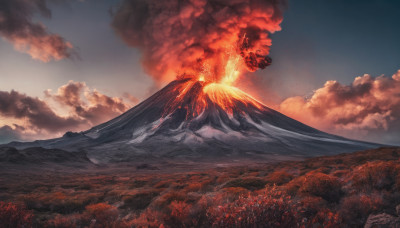 outdoors, sky, cloud, tree, no humans, cloudy sky, fire, nature, scenery, forest, mountain, field, landscape, molten rock