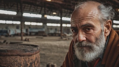 solo,looking at viewer,blue eyes,1boy,closed mouth,jacket,upper body,white hair,grey hair,male focus,necktie,indoors,blurry,coat,blurry background,facial hair,portrait,beard,brown jacket,realistic,mustache,manly,old,brown coat,old man,photo background,wrinkled skin,black eyes,grey eyes,depth of field,bald