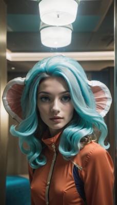 1girl,solo,long hair,breasts,looking at viewer,blue eyes,closed mouth,blue hair,upper body,multicolored hair,small breasts,indoors,covered nipples,two-tone hair,lips,eyelashes,aqua hair,freckles,curly hair,realistic,nose,light bulb,jacket,parted lips,watermark,backpack,red jacket,zipper,lamp