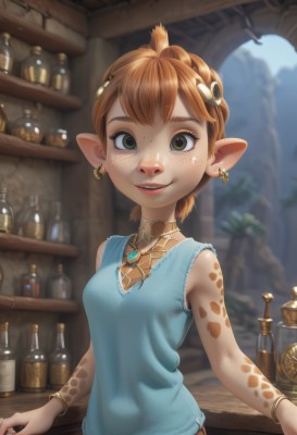 1girl,solo,breasts,looking at viewer,smile,short hair,bangs,brown hair,shirt,hair ornament,bare shoulders,jewelry,green eyes,upper body,braid,earrings,small breasts,parted lips,sleeveless,pointy ears,artist name,indoors,orange hair,blurry,bracelet,lips,sleeveless shirt,depth of field,blurry background,bottle,freckles,scales,coin,jar,bar (place),teeth,necklace,blue shirt,monster girl,counter