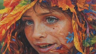 1girl,solo,looking at viewer,smile,open mouth,blue eyes,brown hair,flower,parted lips,teeth,lips,eyelashes,makeup,leaf,traditional media,lipstick,portrait,close-up,freckles,realistic,nose,red lips,painting (medium),watercolor (medium),acrylic paint (medium),bangs,autumn leaves