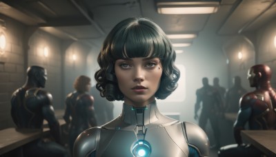 1girl,looking at viewer,short hair,bangs,black hair,sitting,upper body,multiple boys,solo focus,indoors,dark skin,blunt bangs,armor,lips,bodysuit,glowing,chair,3boys,helmet,science fiction,curly hair,realistic,nose,cyborg,power armor,green eyes,green hair,table,backlighting,bald,superhero