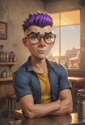 1girl,solo,looking at viewer,smile,short hair,shirt,1boy,brown eyes,sitting,closed mouth,collarbone,jacket,upper body,purple hair,short sleeves,male focus,open clothes,glasses,indoors,blurry,cup,lips,window,blurry background,crossed arms,table,denim,black-framed eyewear,yellow shirt,realistic,nose,undercut,hair slicked back,restaurant,cafe,denim jacket,blush,yellow eyes,multicolored hair,collared shirt,artist name,open jacket,scar,chair,blue jacket,bar (place)