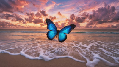 outdoors, sky, cloud, water, dutch angle, no humans, ocean, beach, cloudy sky, bug, butterfly, scenery, sunset, sand, horizon, waves, evening, blue butterfly, shore