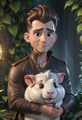 solo,looking at viewer,smile,short hair,brown hair,long sleeves,1boy,holding,brown eyes,closed mouth,jacket,upper body,male focus,outdoors,tree,animal,leaf,plant,nature,freckles,brown jacket,lantern,lamp,leather,holding animal,leather jacket,night,carrying,forest,light,male child,animification