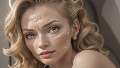 1girl,solo,long hair,looking at viewer,blonde hair,bare shoulders,brown eyes,jewelry,yellow eyes,earrings,parted lips,lips,eyelashes,wavy hair,portrait,freckles,realistic,nose,close-up,science fiction