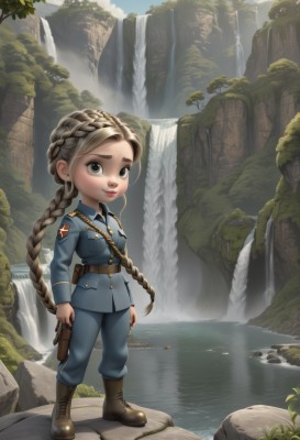 1girl,solo,long hair,breasts,looking at viewer,blonde hair,brown hair,long sleeves,holding,very long hair,closed mouth,standing,full body,weapon,braid,boots,outdoors,day,belt,pants,water,holding weapon,uniform,tree,lips,gun,grey eyes,military,military uniform,brown footwear,holding gun,nature,handgun,epaulettes,pouch,rock,blue pants,holster,river,waterfall,cliff,blue eyes,jewelry,earrings,artist name,single braid,leaf,thick eyebrows