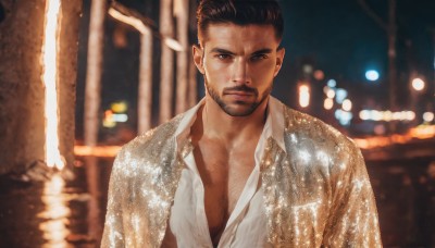 solo,looking at viewer,short hair,brown hair,shirt,black hair,1boy,brown eyes,closed mouth,jacket,white shirt,upper body,male focus,outdoors,open clothes,collared shirt,water,blurry,wet,open shirt,muscular,night,blurry background,facial hair,pectorals,wet clothes,beard,mature male,realistic,manly,partially unbuttoned,chest hair,pectoral cleavage,muscular male,bara,bokeh,city lights