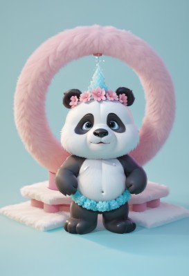 solo,looking at viewer,smile,blue eyes,simple background,navel,standing,tail,full body,flower,hair flower,water,no humans,blue background,furry,head wreath,panda,animal ears,wreath