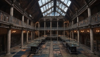 day,indoors,book,no humans,window,sunlight,scenery,stairs,fantasy,railing,bookshelf,candle,architecture,tile floor,pillar,library,ceiling,carpet,arch,chandelier,column,chair,table,wooden floor,candlestand