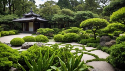 outdoors,sky,day,tree,no humans,grass,plant,building,nature,scenery,forest,rock,road,bush,architecture,house,east asian architecture,shrine,path,stone,stone lantern,cloud,blue sky,landscape