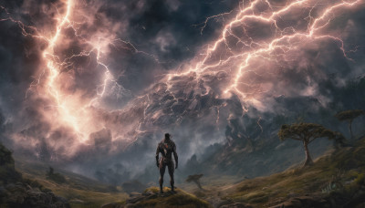 solo, 1boy, male focus, outdoors, sky, cloud, armor, tree, helmet, cloudy sky, scenery, science fiction, realistic, lightning