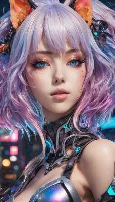 1girl,solo,breasts,looking at viewer,short hair,bangs,blue eyes,hair ornament,animal ears,cleavage,bare shoulders,medium breasts,upper body,pink hair,purple hair,multicolored hair,parted lips,shiny,artist name,cat ears,mole,blurry,two-tone hair,lips,clothing cutout,eyelashes,mole under eye,gradient hair,makeup,headgear,facial mark,portrait,close-up,eyeshadow,freckles,pink lips,realistic,nose,eyeliner,mascara,teeth,armor,depth of field,blurry background,fake animal ears,science fiction,red lips,bokeh,cyberpunk