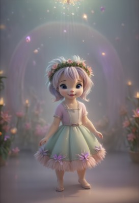 1girl,solo,looking at viewer,smile,short hair,blue eyes,skirt,hair ornament,dress,jewelry,standing,flower,white hair,hair flower,blurry,sandals,child,head wreath,open mouth,full body,short sleeves,earrings,artist name,lips,blurry background,glowing,watermark,plant,pink flower,green dress,female child,potted plant,light,candle,wreath