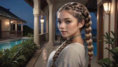 1girl,solo,long hair,looking at viewer,brown hair,shirt,brown eyes,jewelry,white shirt,upper body,braid,outdoors,parted lips,sky,water,necklace,blurry,twin braids,from side,lips,looking to the side,window,night,leaf,plant,building,realistic,nose,architecture,house,multiple braids,breasts,closed mouth,short sleeves,artist name,depth of field,blurry background,expressionless,night sky,forehead,crown braid