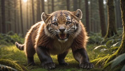 solo,looking at viewer,open mouth,brown eyes,full body,outdoors,day,blurry,tree,no humans,depth of field,blurry background,animal,fangs,grass,plant,nature,forest,realistic,animal focus,tiger,year of the tiger,standing,sunlight