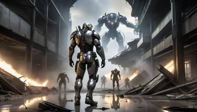 HQ,standing,weapon,multiple boys,from behind,armor,gun,military,glowing,helmet,fire,robot,building,mecha,glowing eyes,smoke,walking,science fiction,city,realistic,ruins,multiple others,open hands,power armor,soldier,power suit,1girl,sky,cloud,cloudy sky,reflection,alien