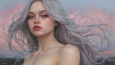 1girl,solo,long hair,looking at viewer,blue eyes,bare shoulders,collarbone,upper body,white hair,grey hair,nude,outdoors,parted lips,sky,teeth,cloud,lips,grey eyes,floating hair,cloudy sky,wind,portrait,freckles,realistic,nose,breasts,cleavage,eyelashes,thick eyebrows,mountain