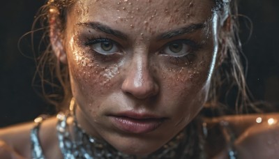 1girl,solo,long hair,looking at viewer,brown hair,brown eyes,jewelry,closed mouth,earrings,teeth,dark skin,water,necklace,blurry,dark-skinned female,lips,wet,eyelashes,depth of field,black background,portrait,close-up,freckles,realistic,yellow eyes,choker,artist name,serious