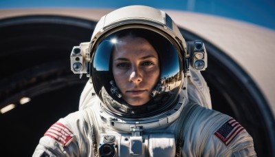 solo,looking at viewer,blue eyes,1boy,closed mouth,upper body,male focus,blurry,blurry background,helmet,reflection,science fiction,realistic,space,planet,american flag,spacesuit,japanese flag,space helmet,united states,astronaut,black hair,brown eyes,lips,portrait,flag print,american flag print