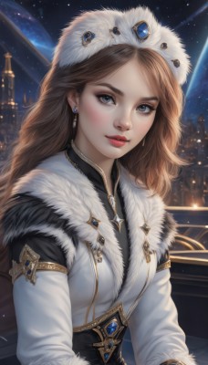 1girl,solo,long hair,breasts,looking at viewer,blush,blue eyes,brown hair,long sleeves,hat,jewelry,upper body,earrings,outdoors,sky,lips,coat,fur trim,makeup,night,white headwear,lipstick,building,gem,star (sky),night sky,starry sky,gold trim,white coat,winter clothes,red lips,fur hat,ushanka,bangs,grey eyes,eyelashes,fur collar,realistic,nose