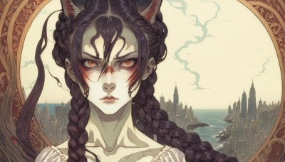 1girl,solo,long hair,looking at viewer,bangs,brown hair,black hair,red eyes,animal ears,hair between eyes,brown eyes,closed mouth,collarbone,braid,outdoors,sky,cloud,cat ears,twin braids,lips,orange eyes,eyelashes,blood,ocean,frown,cloudy sky,building,pale skin,portrait,extra ears,reflection,city,castle,twintails,water,makeup,wolf ears,freckles,blood on face,horizon,red lips,cityscape