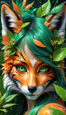 1girl,solo,long hair,looking at viewer,bangs,hair ornament,animal ears,green eyes,flower,green hair,shiny,artist name,cat ears,hair flower,animal ear fluff,eyelashes,makeup,leaf,slit pupils,portrait,furry,close-up,freckles,furry female,animal nose,whiskers,orange fur,jewelry,closed mouth,necklace,orange hair,lips,fox ears,watermark,plant,web address,light particles,white fur