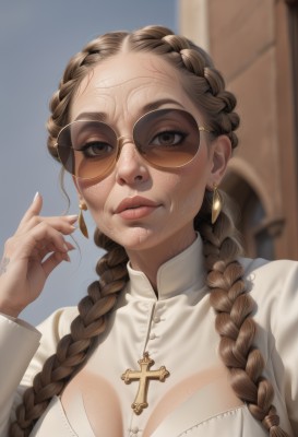 1girl,solo,long hair,breasts,looking at viewer,large breasts,brown hair,long sleeves,dress,cleavage,brown eyes,jewelry,medium breasts,upper body,braid,earrings,parted lips,glasses,artist name,hand up,necklace,white dress,blurry,twin braids,lips,fingernails,see-through,blurry background,sunglasses,cross,hair over shoulder,freckles,veins,realistic,nose,round eyewear,tinted eyewear,brown-framed eyewear,eyelashes,tattoo,thick eyebrows,long fingernails