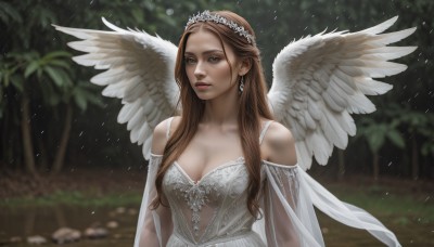 1girl,solo,long hair,breasts,looking at viewer,brown hair,dress,cleavage,bare shoulders,brown eyes,jewelry,medium breasts,collarbone,upper body,earrings,outdoors,parted lips,wings,white dress,blurry,tree,lips,see-through,depth of field,blurry background,tiara,nature,feathered wings,forest,angel wings,realistic,white wings,angel,blue eyes,crown,rain